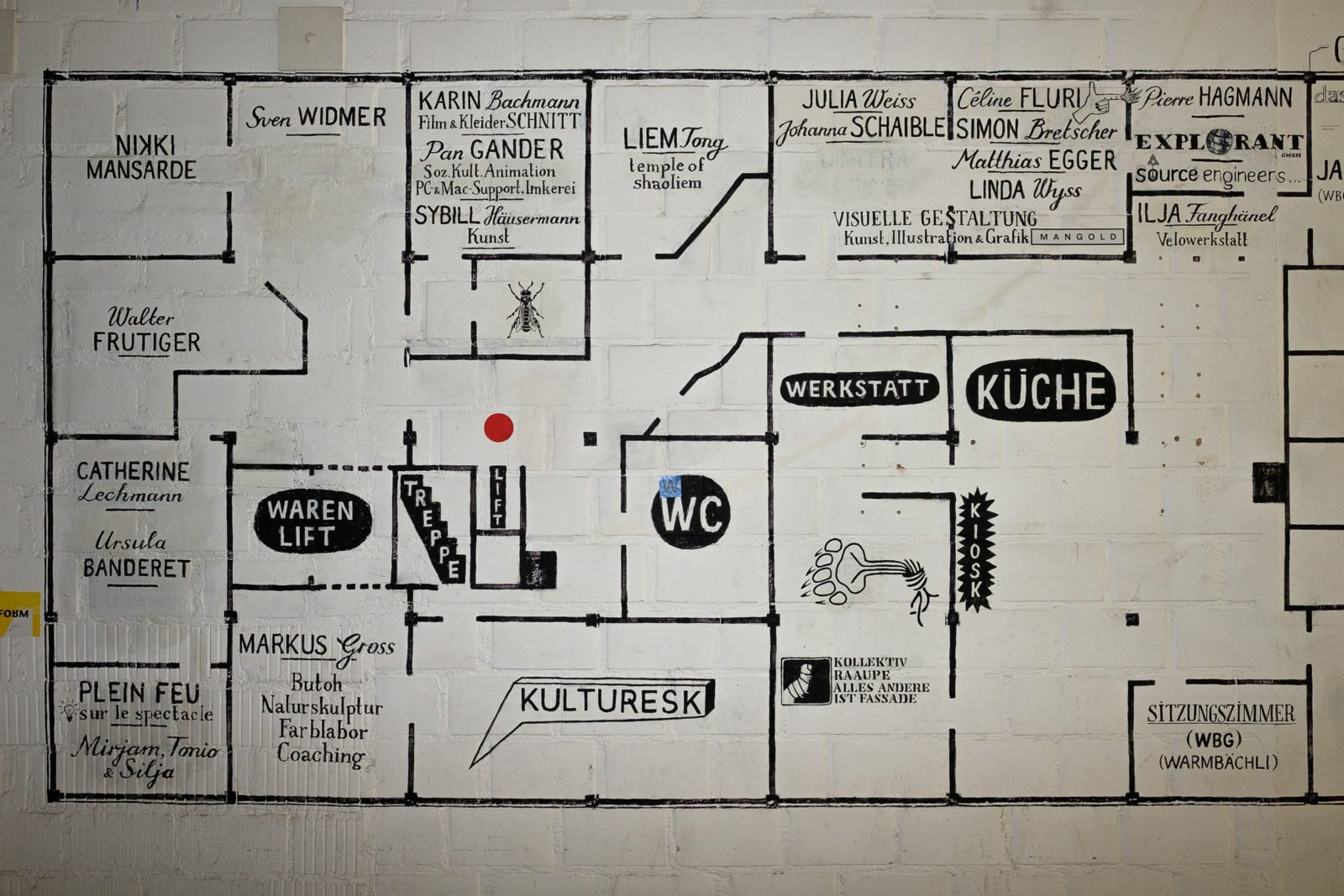 Raumplan der Zwischennutzung, aufgemalt auf eine Wand im 2. Stock Güterstrasse 8.
